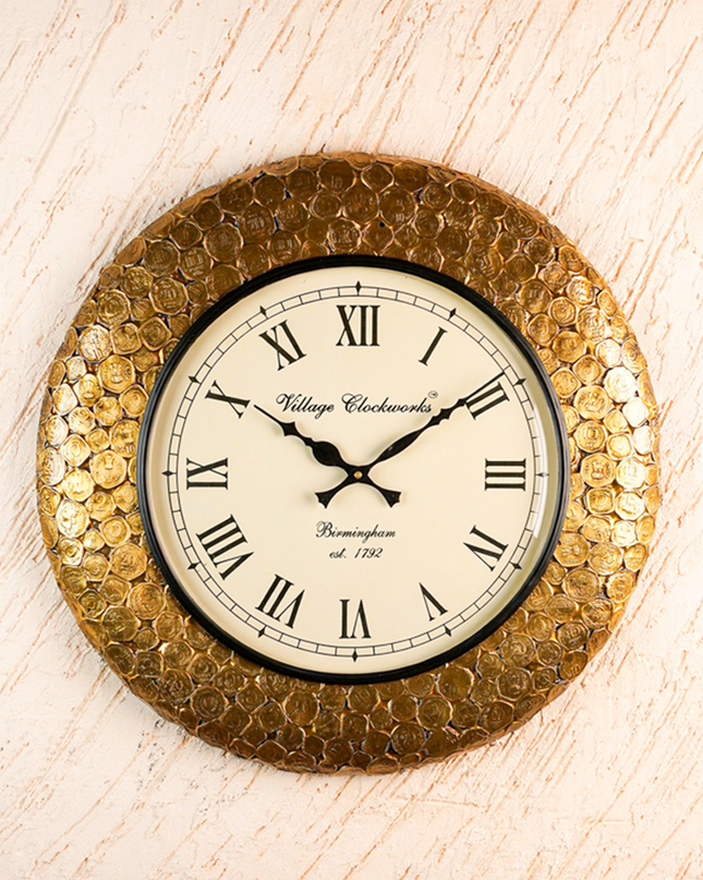 Wall Clock - Embossed Brass with Coins - 18 inch  - WL5913