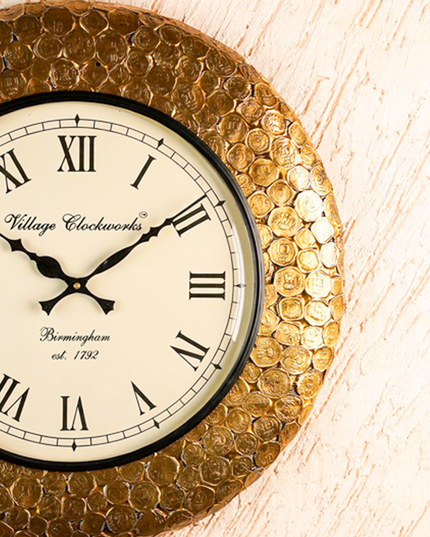Wall Clock - Embossed Brass with Coins - 18 inch  - WL5913