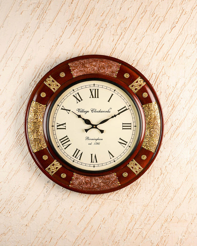 Wall Clock - Embossed Brass with Floral Designs - 18 inch  - WL5914
