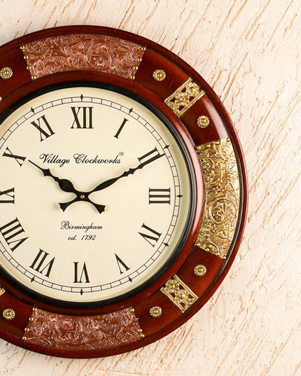 Wall Clock - Embossed Brass with Floral Designs - 18 inch  - WL5914