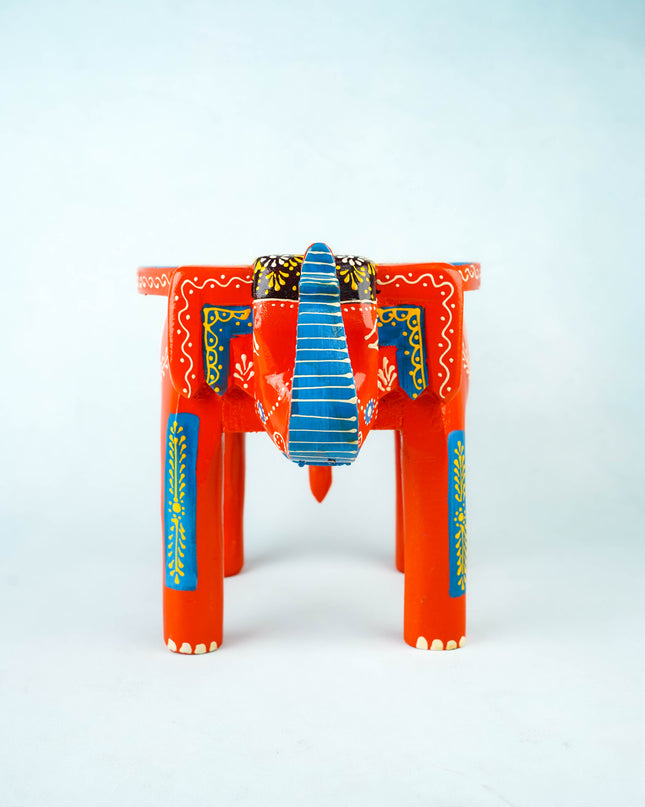 Hand Painted Elephant Stool - 8 inch - Orange - WL5920