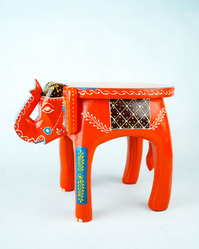 Hand Painted Elephant Stool - 8 inch - Orange - WL5920