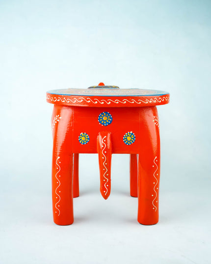 Hand Painted Elephant Stool - 8 inch - Orange - WL5920