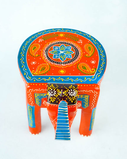 Hand Painted Elephant Stool - 8 inch - Orange - WL5920