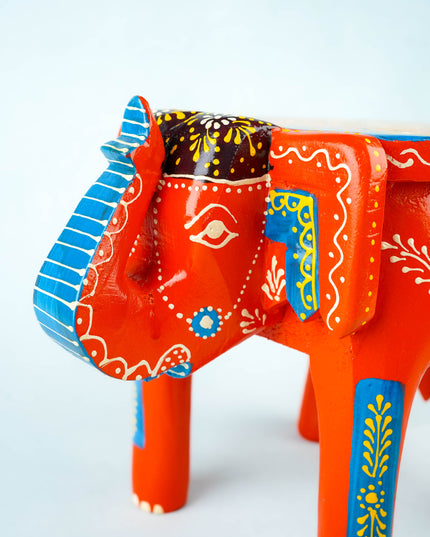 Hand Painted Elephant Stool - 8 inch - Orange - WL5920