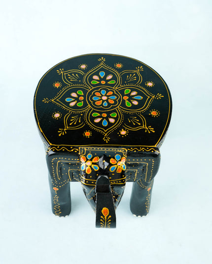 Hand Painted Elephant Stool - 8 inch - Black - WL5921
