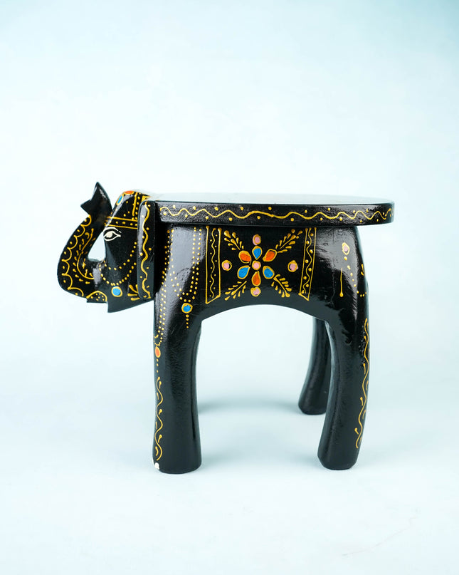 Hand Painted Elephant Stool - 8 inch - Black - WL5921