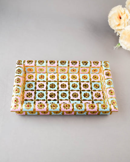 Meenakari Tray - Pastel Pink & Blue - 10X6 inch - WL5953-1