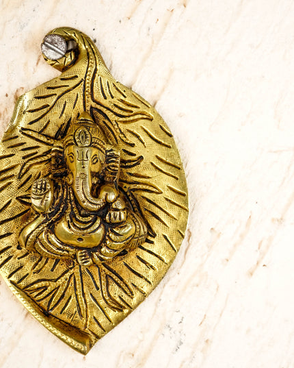 Brass Leaf Ganesha Wall Hanging - 5 inch - WL5958