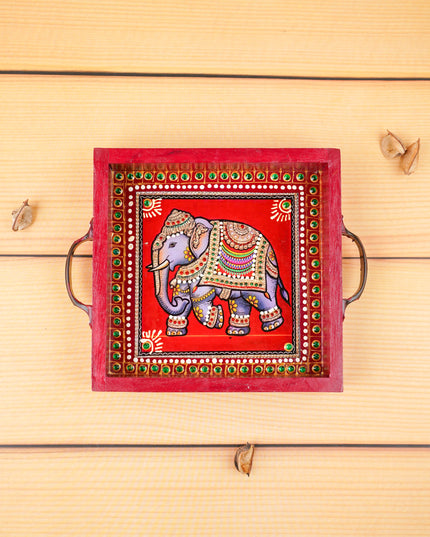 Hand Painted Tray with Handle - Elephant - WL5967-2