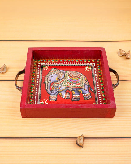 Hand Painted Tray with Handle - Elephant - WL5967-2
