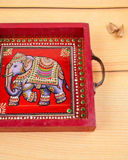 Hand Painted Tray with Handle - Elephant - WL5967-2