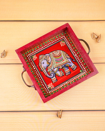Hand Painted Tray with Handle - Elephant - WL5967-2
