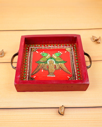 Hand Painted Tray with Handle - Twin Parrot - WL5967-3