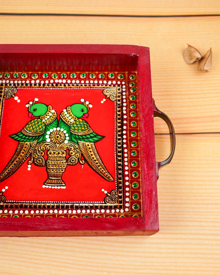 Hand Painted Tray with Handle - Twin Parrot - WL5967-3