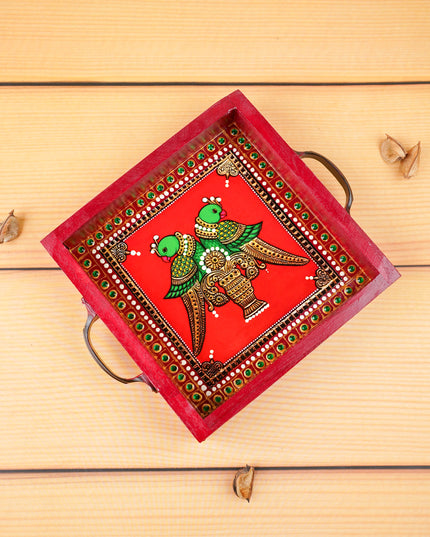 Hand Painted Tray with Handle - Twin Parrot - WL5967-3
