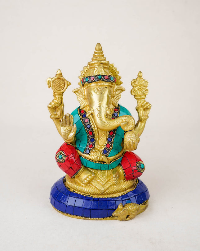 Brass Ganesha Idol with Stonework - 8 inch - WL5977