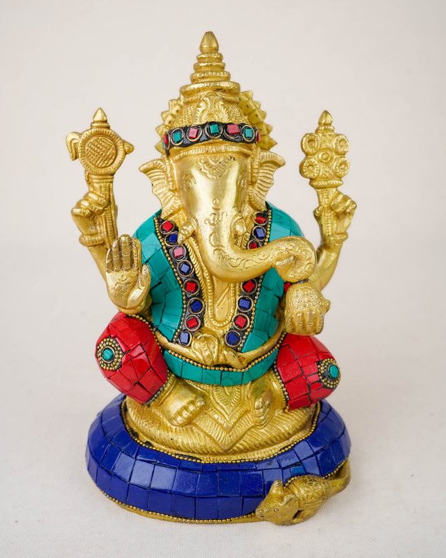 Brass Ganesha Idol with Stonework - 8 inch - WL5977