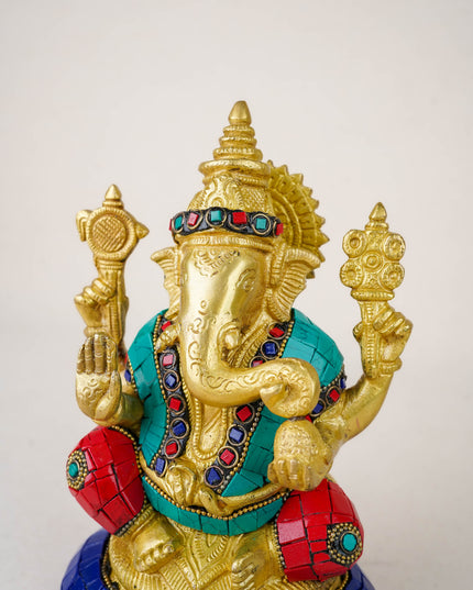 Brass Ganesha Idol with Stonework - 8 inch - WL5977