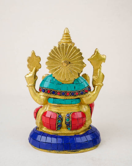 Brass Ganesha Idol with Stonework - 8 inch - WL5977