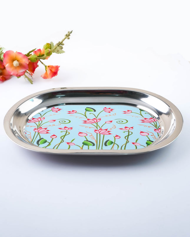 Floral Design - Oval Plate - Blue - 12 inch - WL5978-2