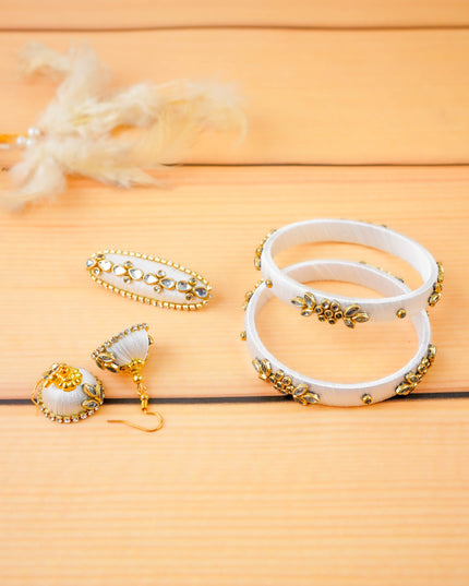 Combo - Silk Thread Bangles, Saree Pin & Earrings - 2.6 inch - WL5980-1