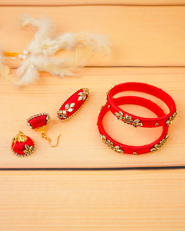 Combo - Silk Thread Bangles, Saree Pin & Earrings - 2.6 inch - WL5980-1