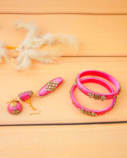 Combo - Silk Thread Bangles, Saree Pin & Earrings - 2.6 inch - WL5980-1