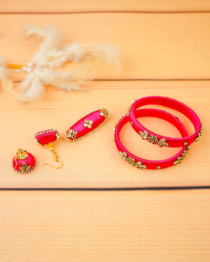 Combo - Silk Thread Bangles, Saree Pin & Earrings - 2.6 inch - WL5980-1