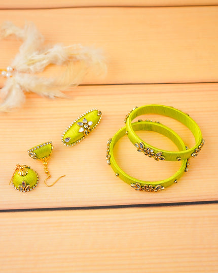 Combo - Silk Thread Bangles, Saree Pin & Earrings - 2.6 inch - WL5980-1