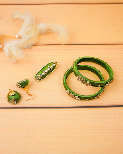 Combo - Silk Thread Bangles, Saree Pin & Earrings - 2.6 inch - WL5980-1