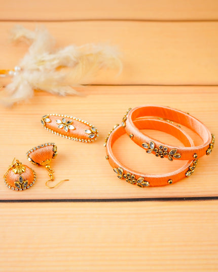 Combo - Silk Thread Bangles, Saree Pin & Earrings - 2.6 inch - WL5980-1
