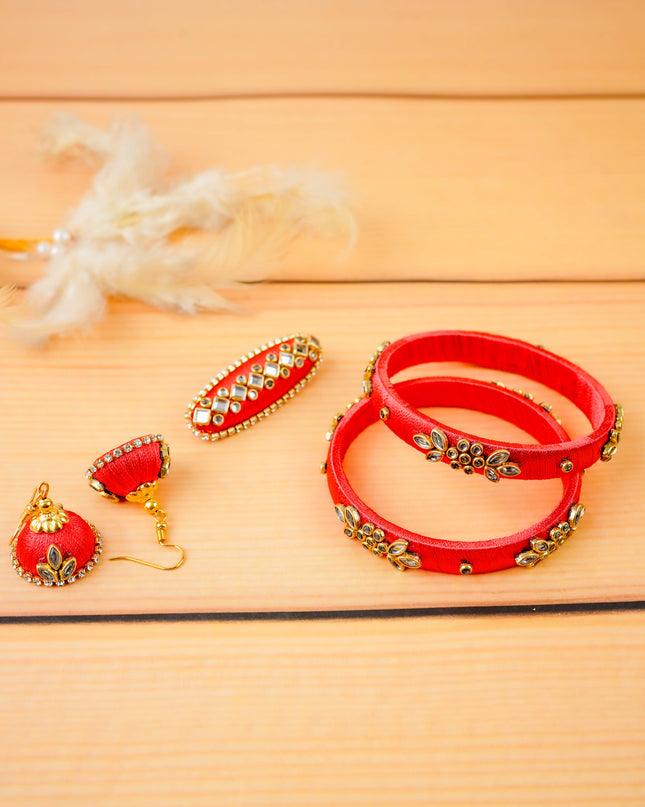 Combo - Silk Thread Bangles, Saree Pin & Earrings - 2.6 inch - WL5980-1