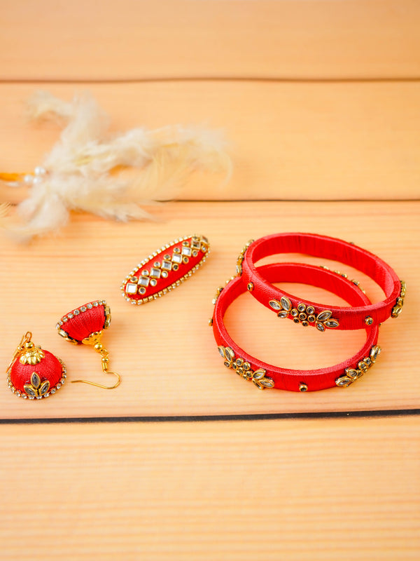 Combo - Silk Thread Bangles, Saree Pin & Earrings - 2.6 inch - WL5980-1