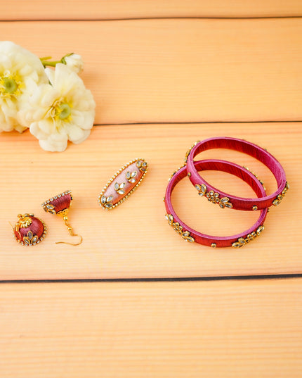 Combo - Silk Thread Bangles, Saree Pin & Earrings - 2.8 inch - WL5980-2