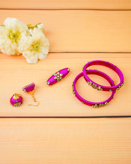 Combo - Silk Thread Bangles, Saree Pin & Earrings - 2.8 inch - WL5980-2