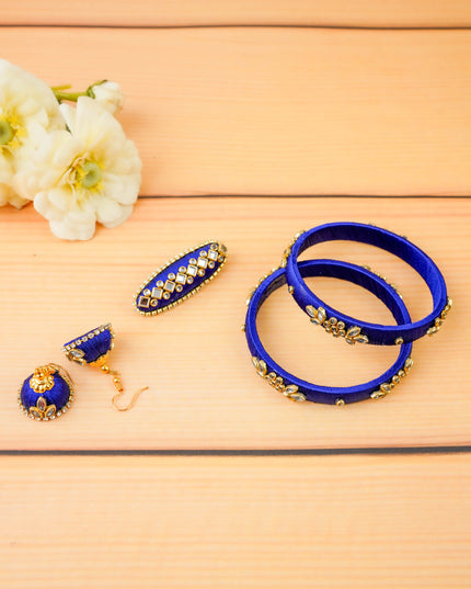 Combo - Silk Thread Bangles, Saree Pin & Earrings - 2.8 inch - WL5980-2