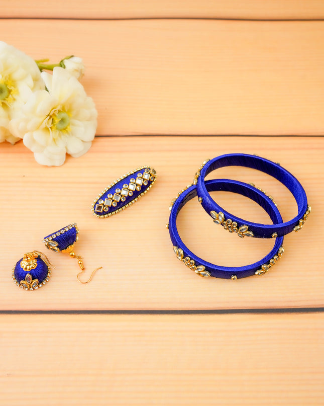 Combo - Silk Thread Bangles, Saree Pin & Earrings - 2.8 inch - WL5980-2