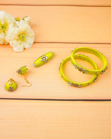 Combo - Silk Thread Bangles, Saree Pin & Earrings - 2.8 inch - WL5980-2