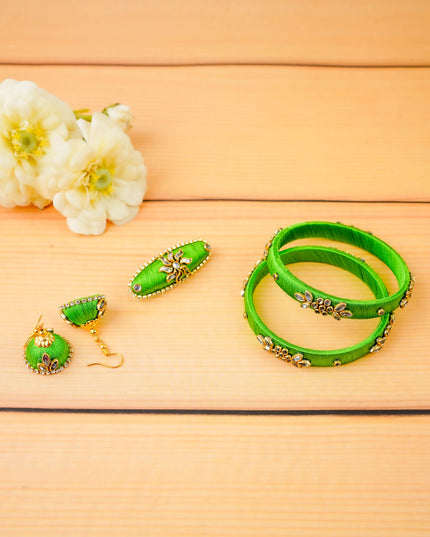 Combo - Silk Thread Bangles, Saree Pin & Earrings - 2.8 inch - WL5980-2