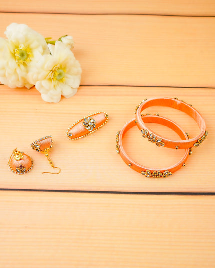 Combo - Silk Thread Bangles, Saree Pin & Earrings - 2.8 inch - WL5980-2