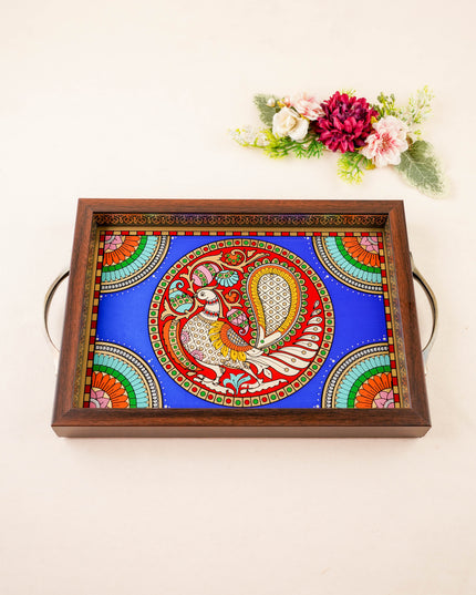 Tanjore Style Reverse Glass Painting Tray - Peacock - 14x8 inch - WL5991-2