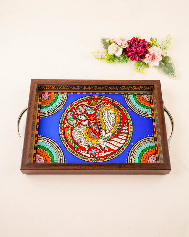 Tanjore Style Reverse Glass Painting Tray - Peacock - 14x8 inch - WL5991-2