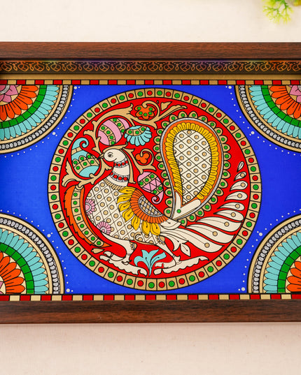 Tanjore Style Reverse Glass Painting Tray - Peacock - 14x8 inch - WL5991-2