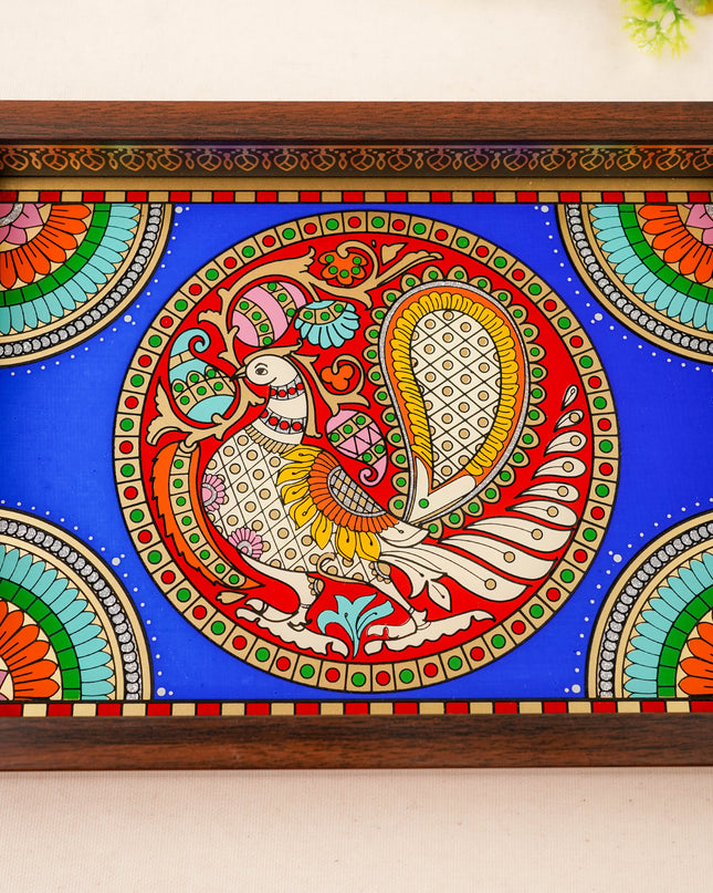 Tanjore Style Reverse Glass Painting Tray - Peacock - 14x8 inch - WL5991-2