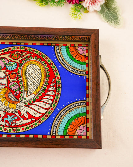 Tanjore Style Reverse Glass Painting Tray - Peacock - 14x8 inch - WL5991-2