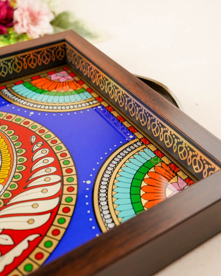 Tanjore Style Reverse Glass Painting Tray - Peacock - 14x8 inch - WL5991-2