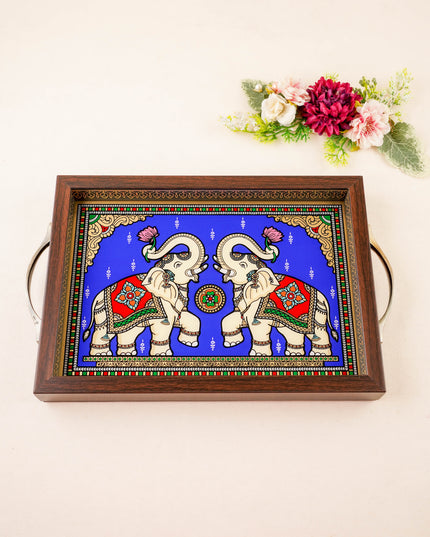 Tanjore Style Reverse Glass Painting Tray - Twin Elephant - 14x8 inch - WL5991-4