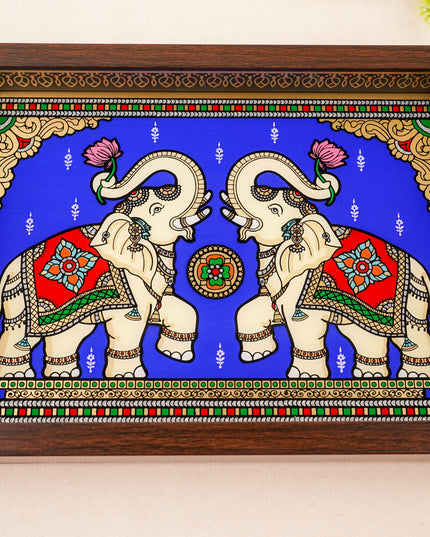 Tanjore Style Reverse Glass Painting Tray - Twin Elephant - 14x8 inch - WL5991-4