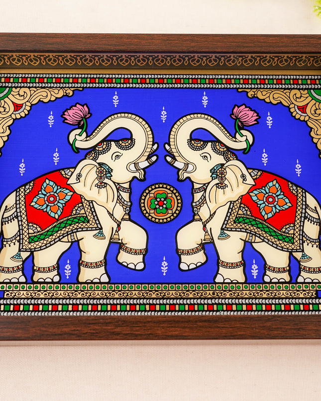 Tanjore Style Reverse Glass Painting Tray - Twin Elephant - 14x8 inch - WL5991-4